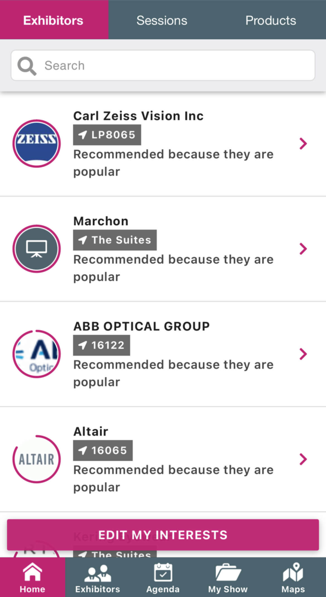Vision Expo Exhibitors app screen